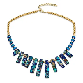 Blue Peck Turquoise Stone Bib Fan Statement Collar Necklace for Teens Gold Plated