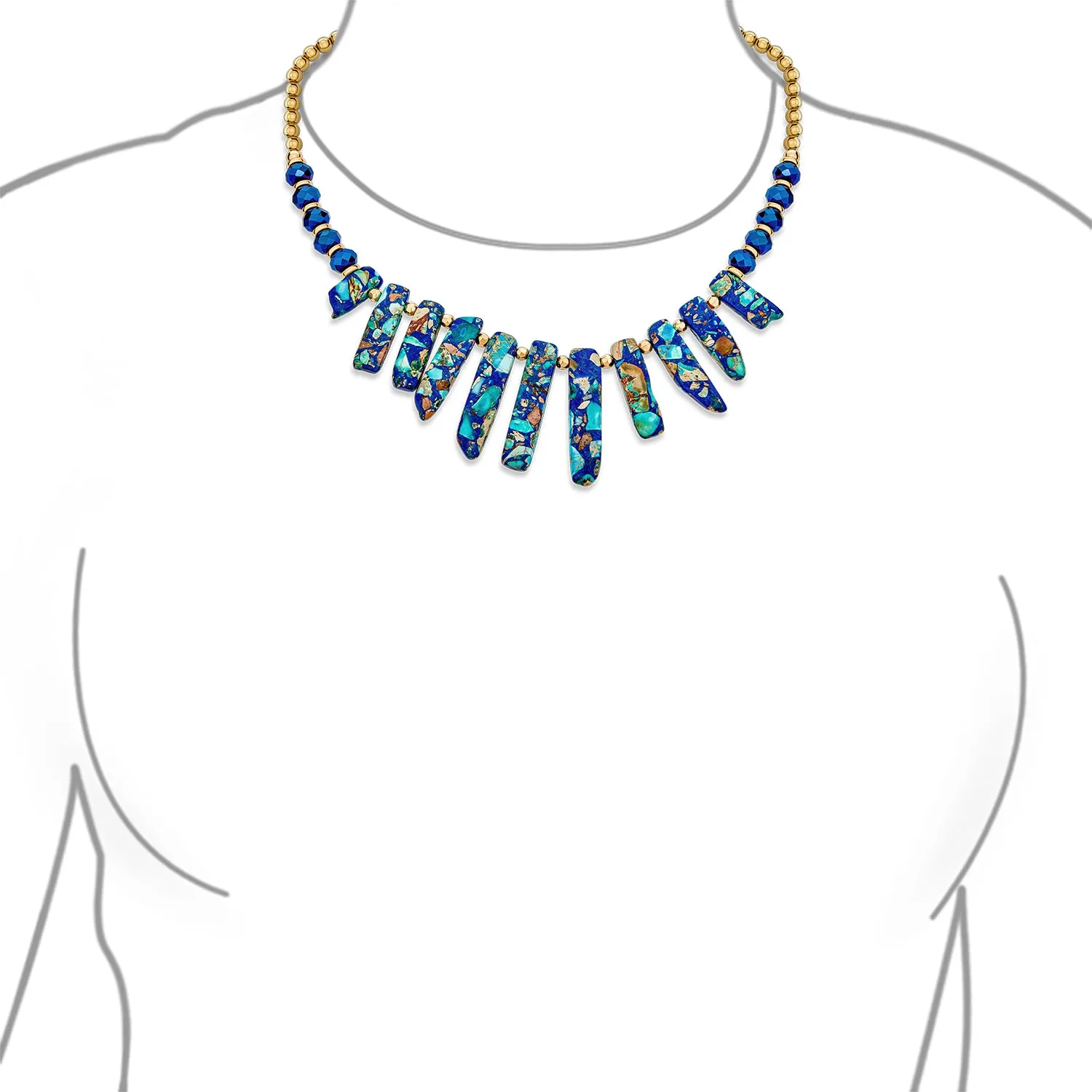 Blue Peck Turquoise Stone Bib Fan Statement Collar Necklace for Teens Gold Plated