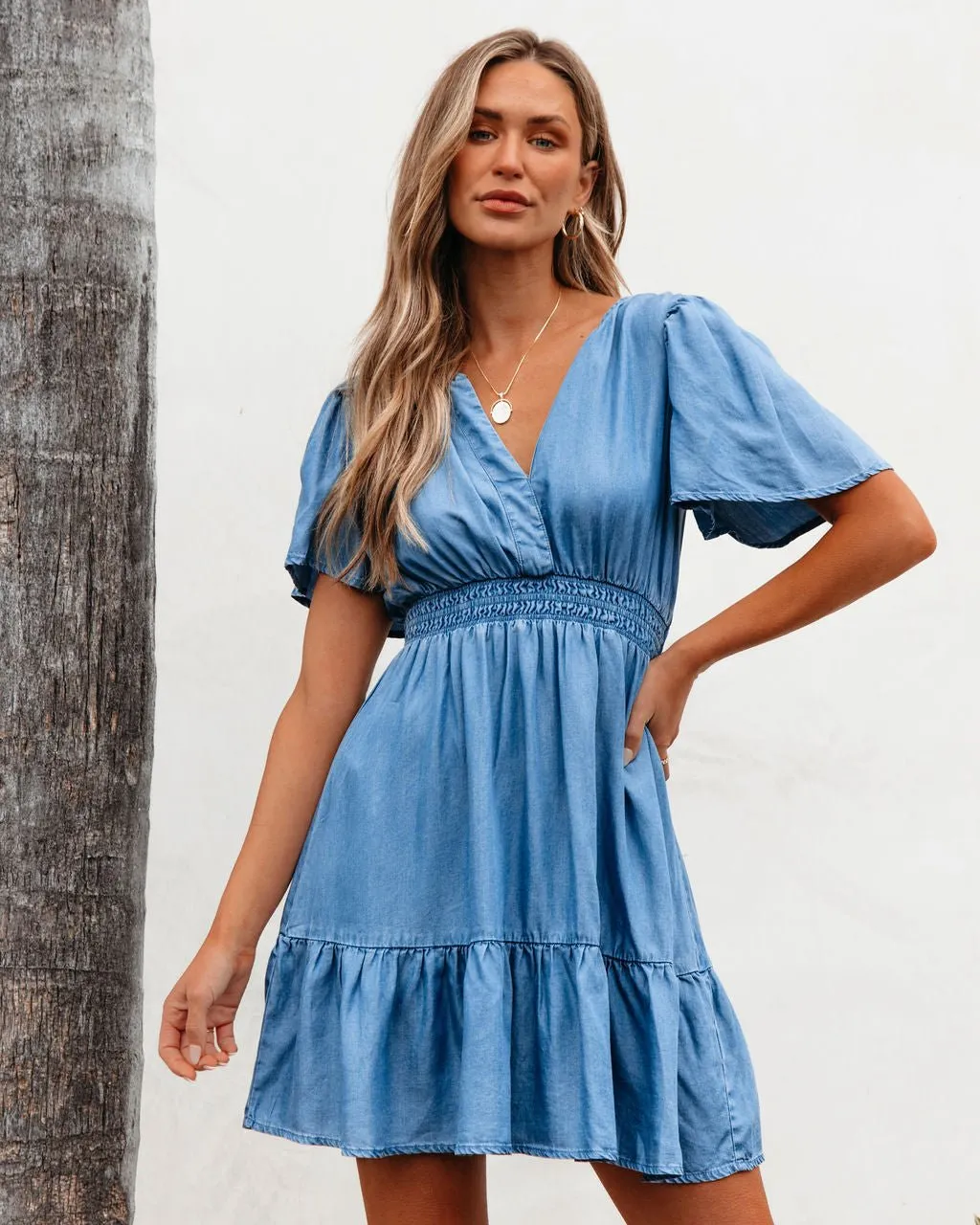 Chambray Split Neck Smocked Mini Dress