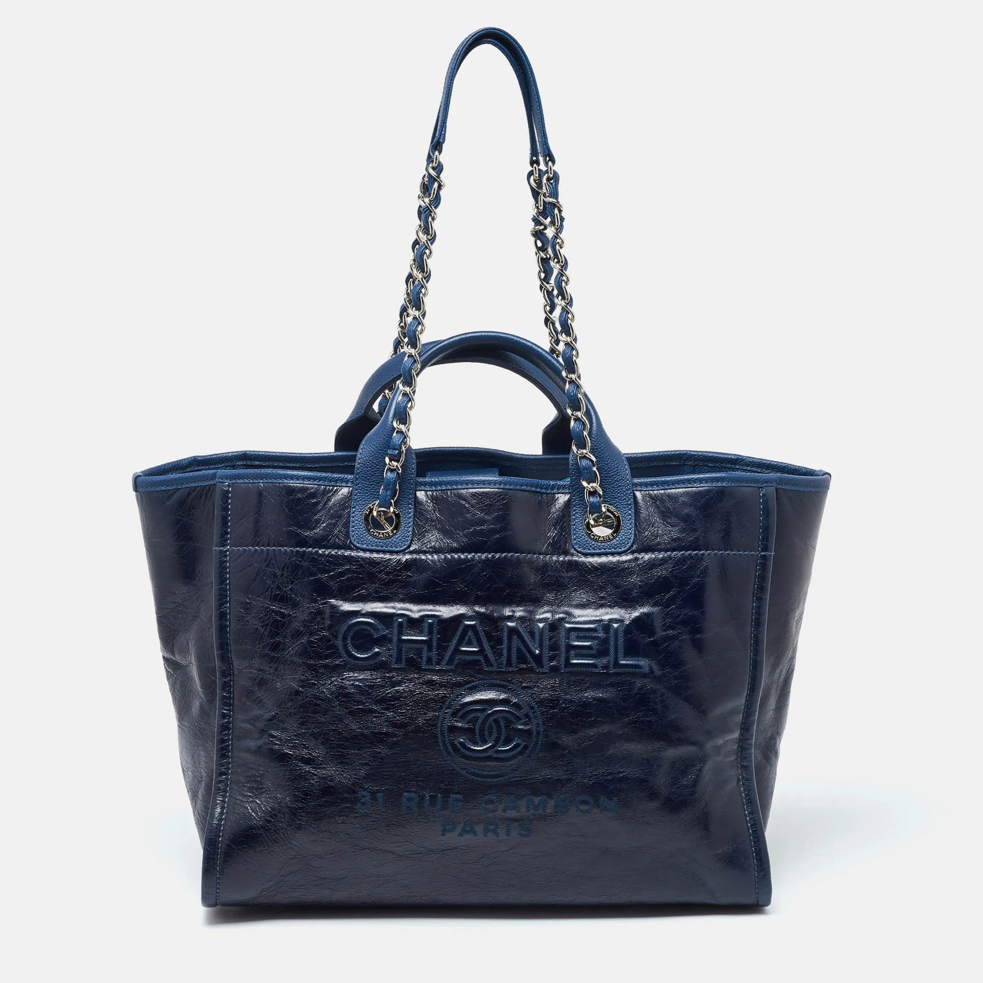 CHANEL Navy Blue Leather Large Deauville Tote