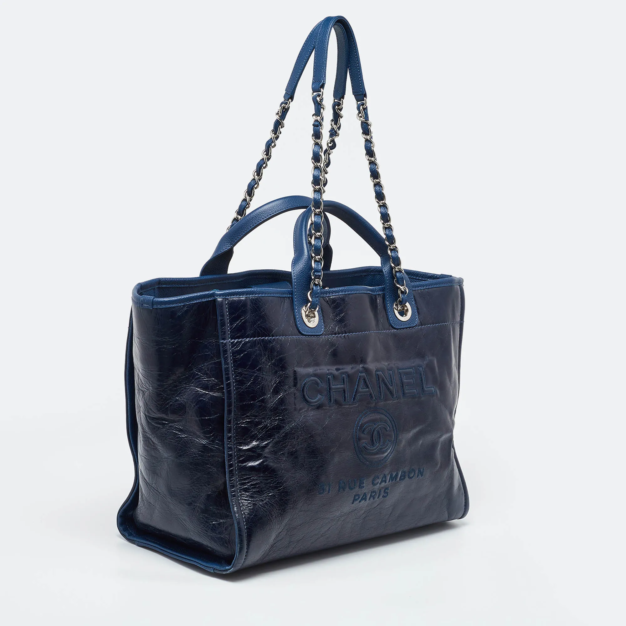 CHANEL Navy Blue Leather Large Deauville Tote