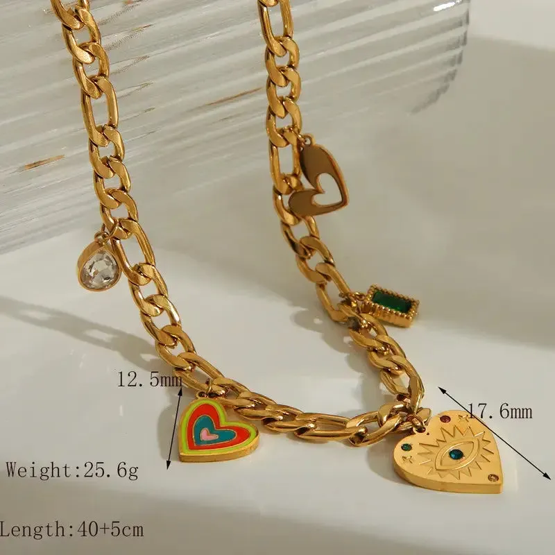 Charm Necklace with Hearts and Color Rhinestones: Sun