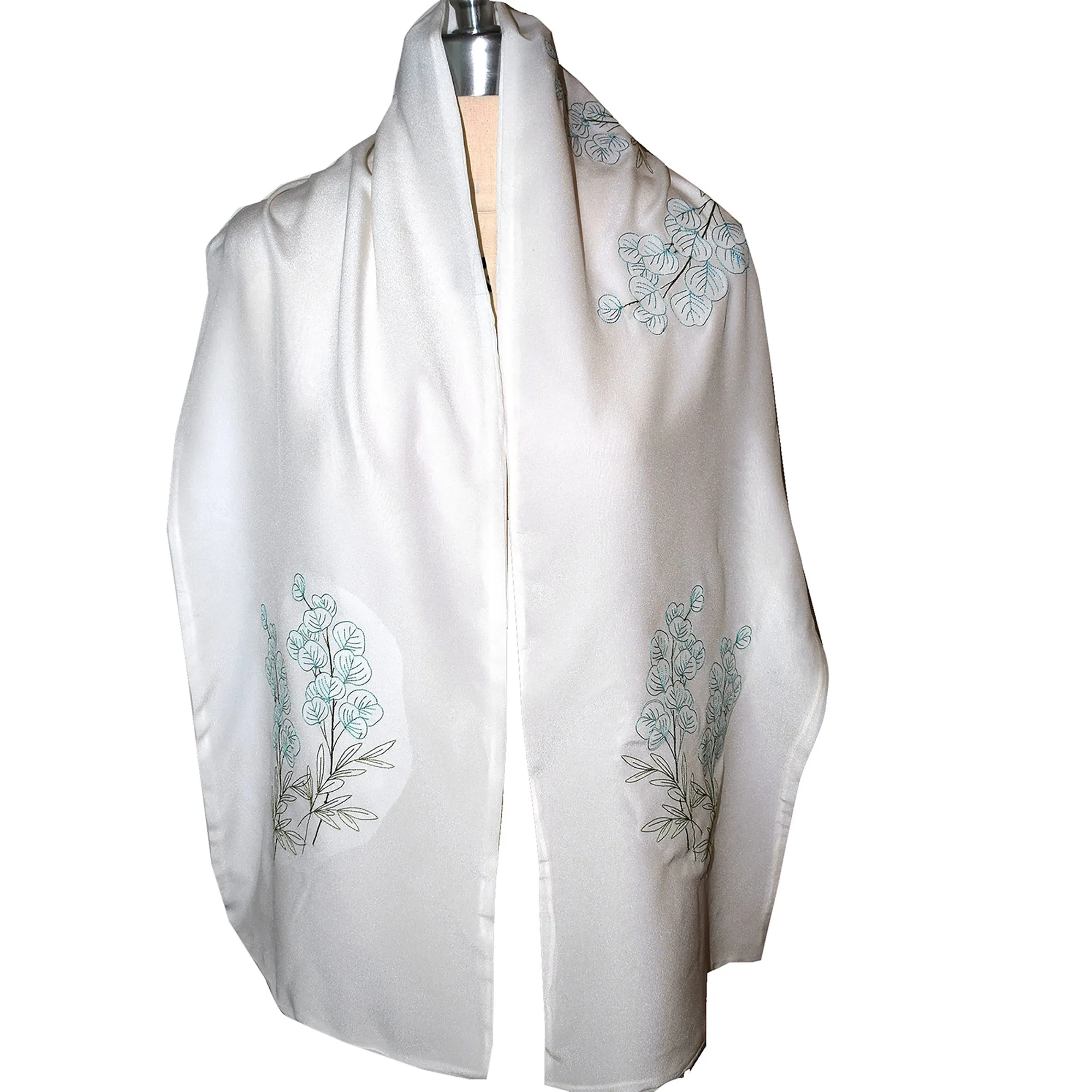 Elegant Eucalyptus  Embroidery on White Crepe de Chine Silk Scarf/Wrap