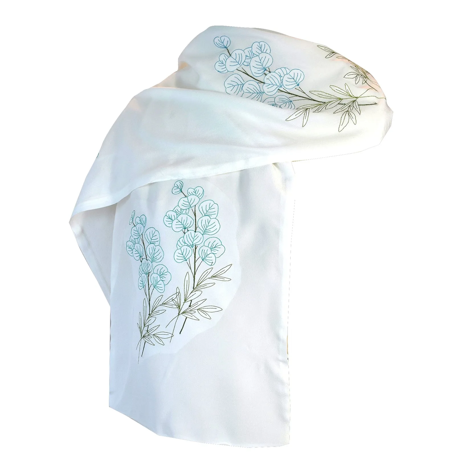 Elegant Eucalyptus  Embroidery on White Crepe de Chine Silk Scarf/Wrap