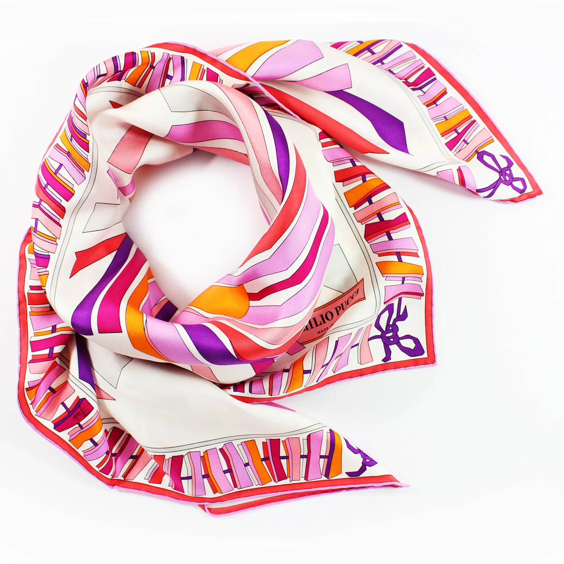 Emilio Pucci Silk Scarf Pink Orange Purple Design - Large Twill Silk Square Scarf