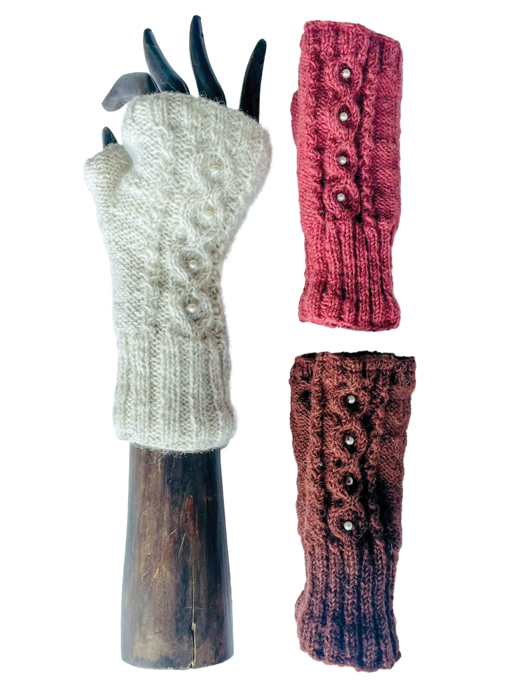 Fingerless Glove Cable Knit Beaded