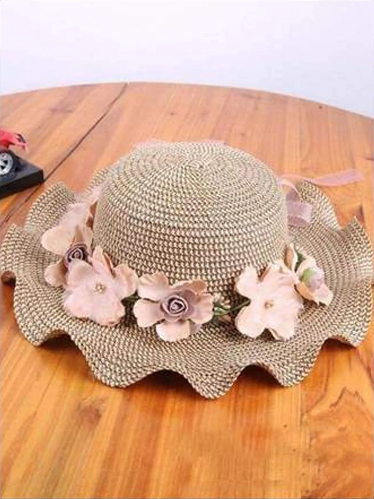 Girls Floral Ruffle Brim Straw Hat