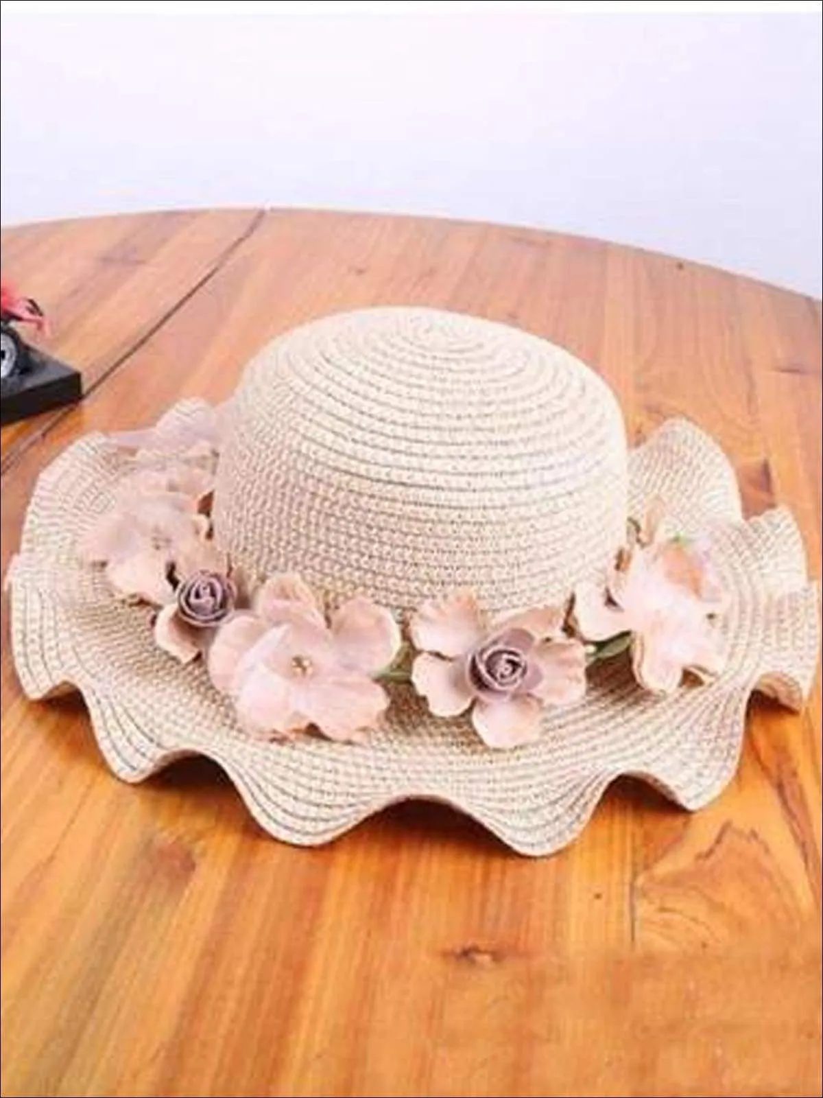 Girls Floral Ruffle Brim Straw Hat