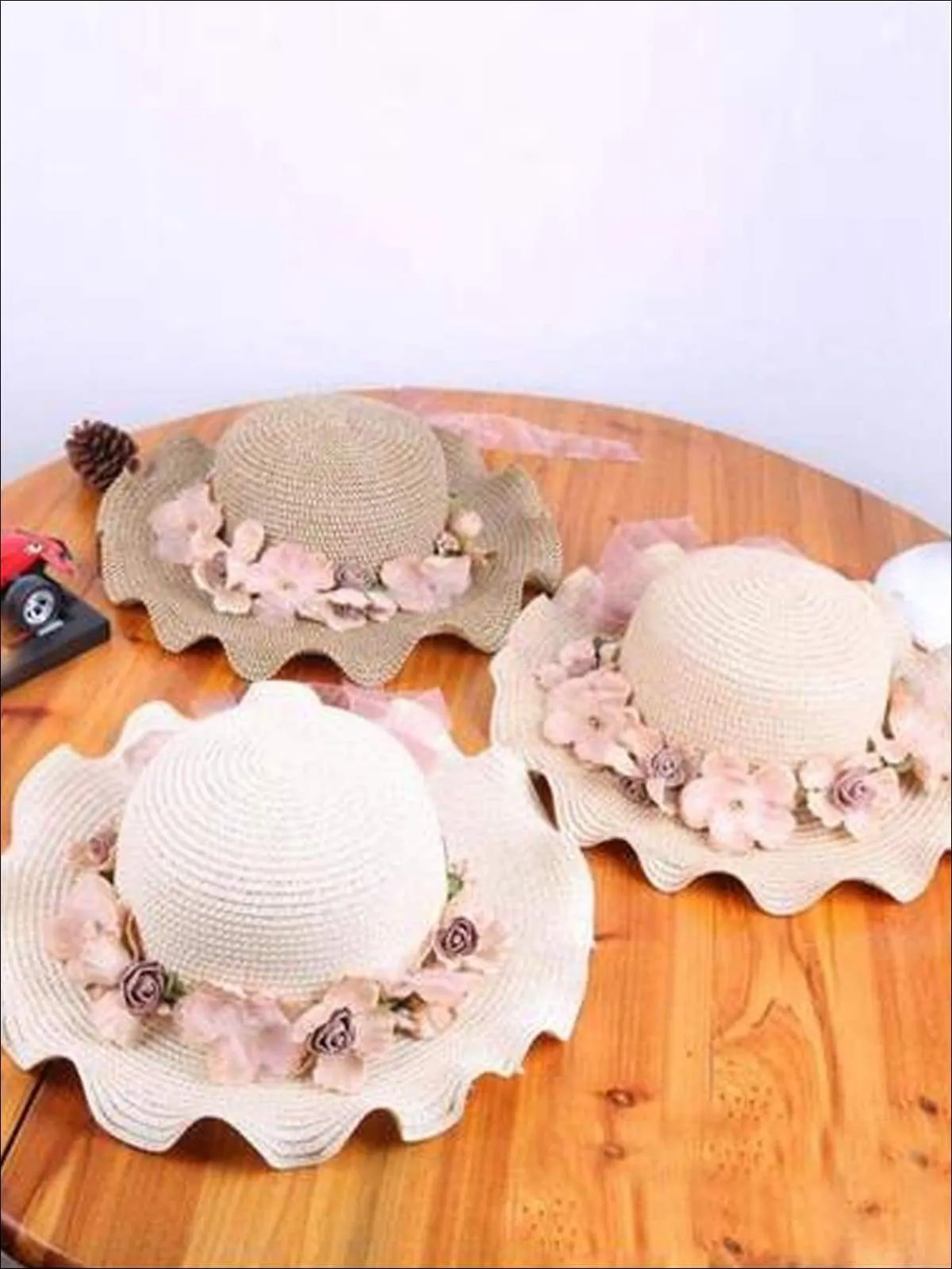 Girls Floral Ruffle Brim Straw Hat