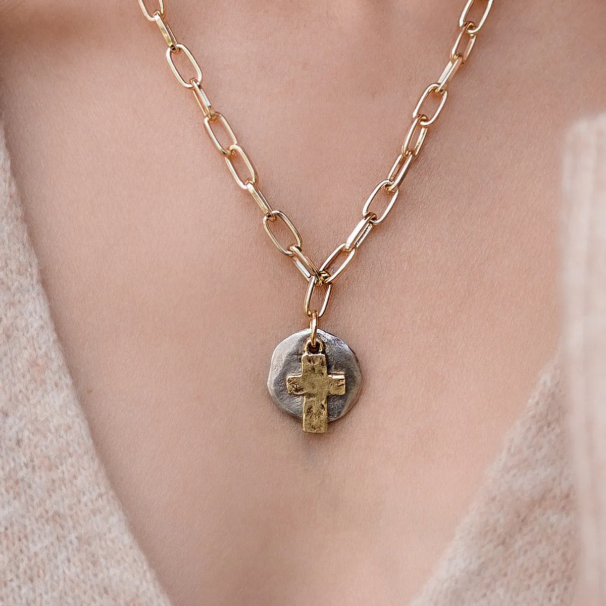 Golden Cross Silver Disc Pendant