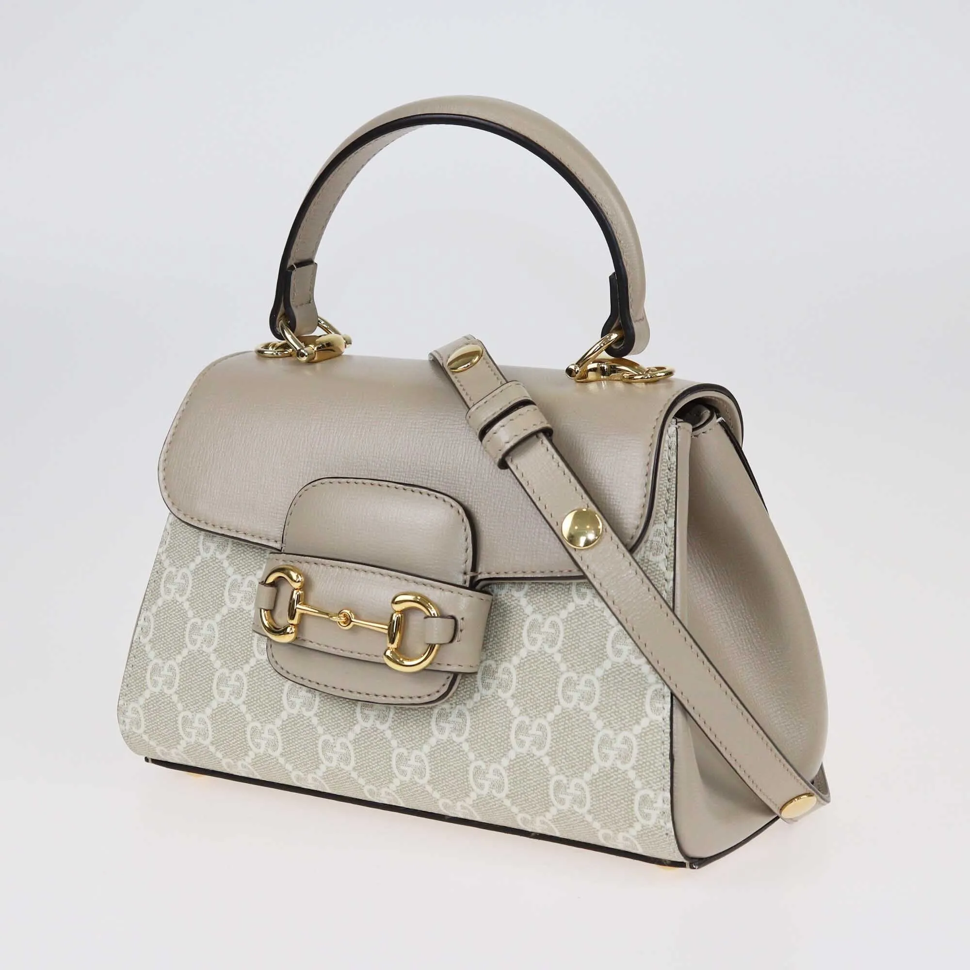 Gucci Beige GG Supreme Canvas Mini Horsebit 1955 Top Handle Bag