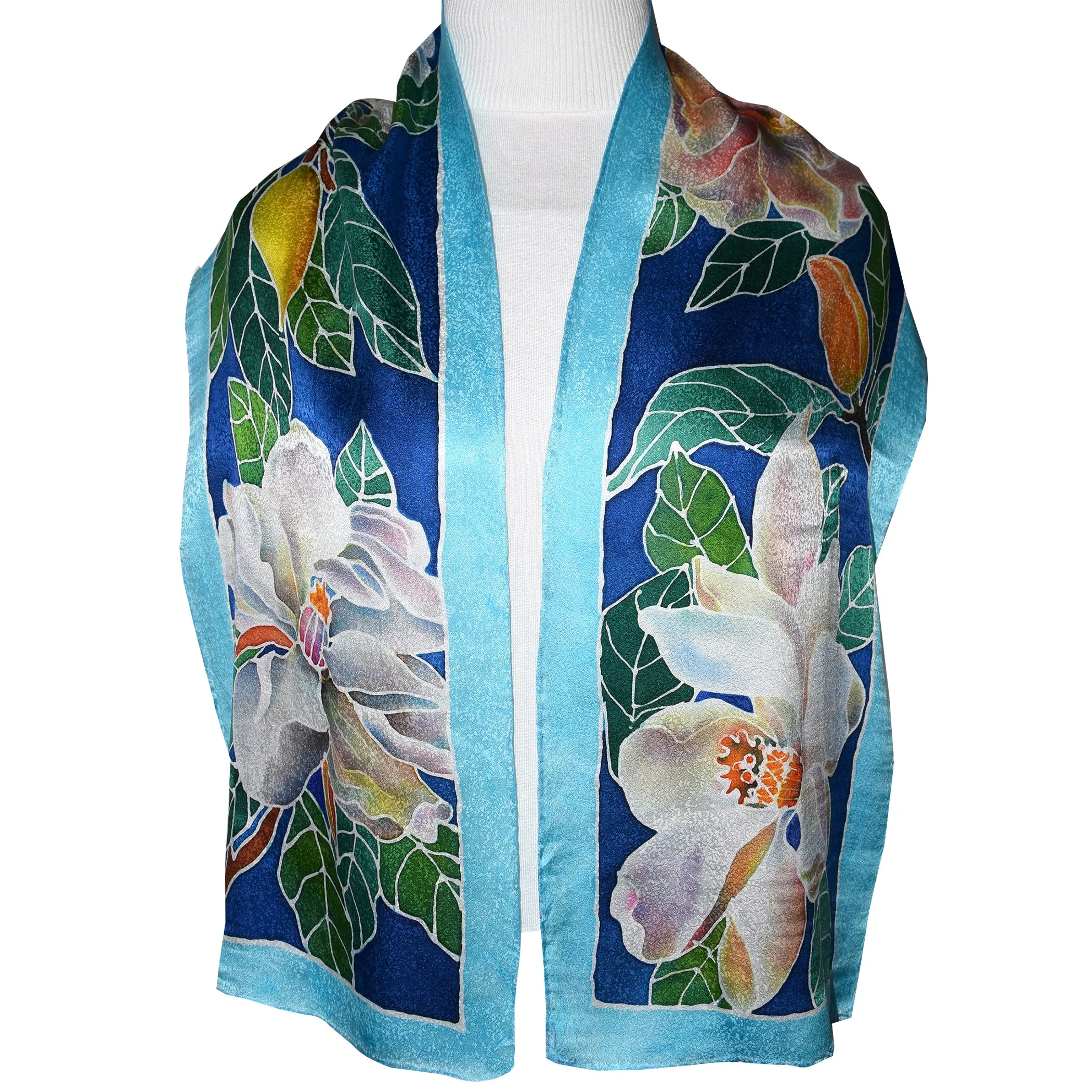 Handpainted Magnolia on Blue Jacquard Silk Scarf