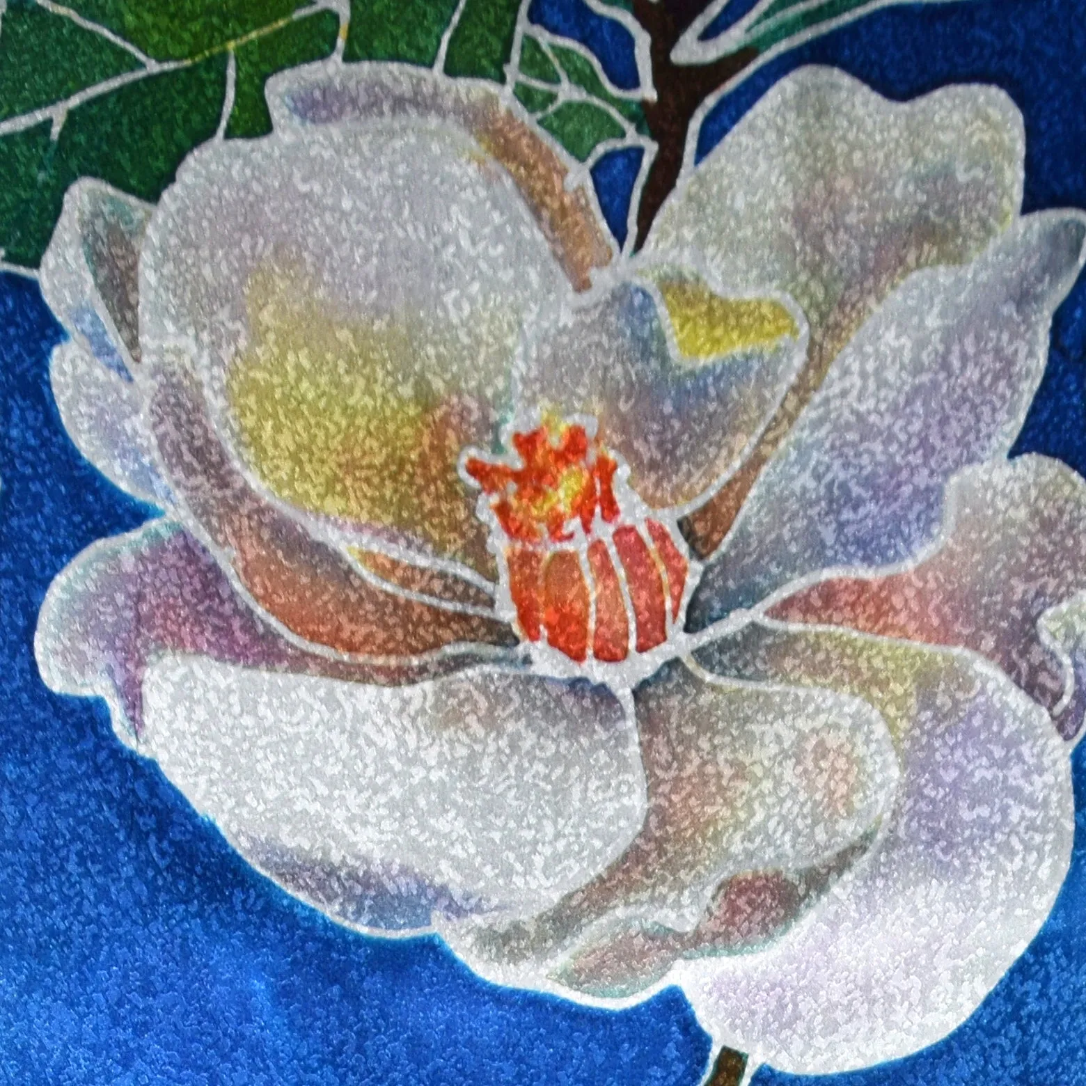 Handpainted Magnolia on Blue Jacquard Silk Scarf