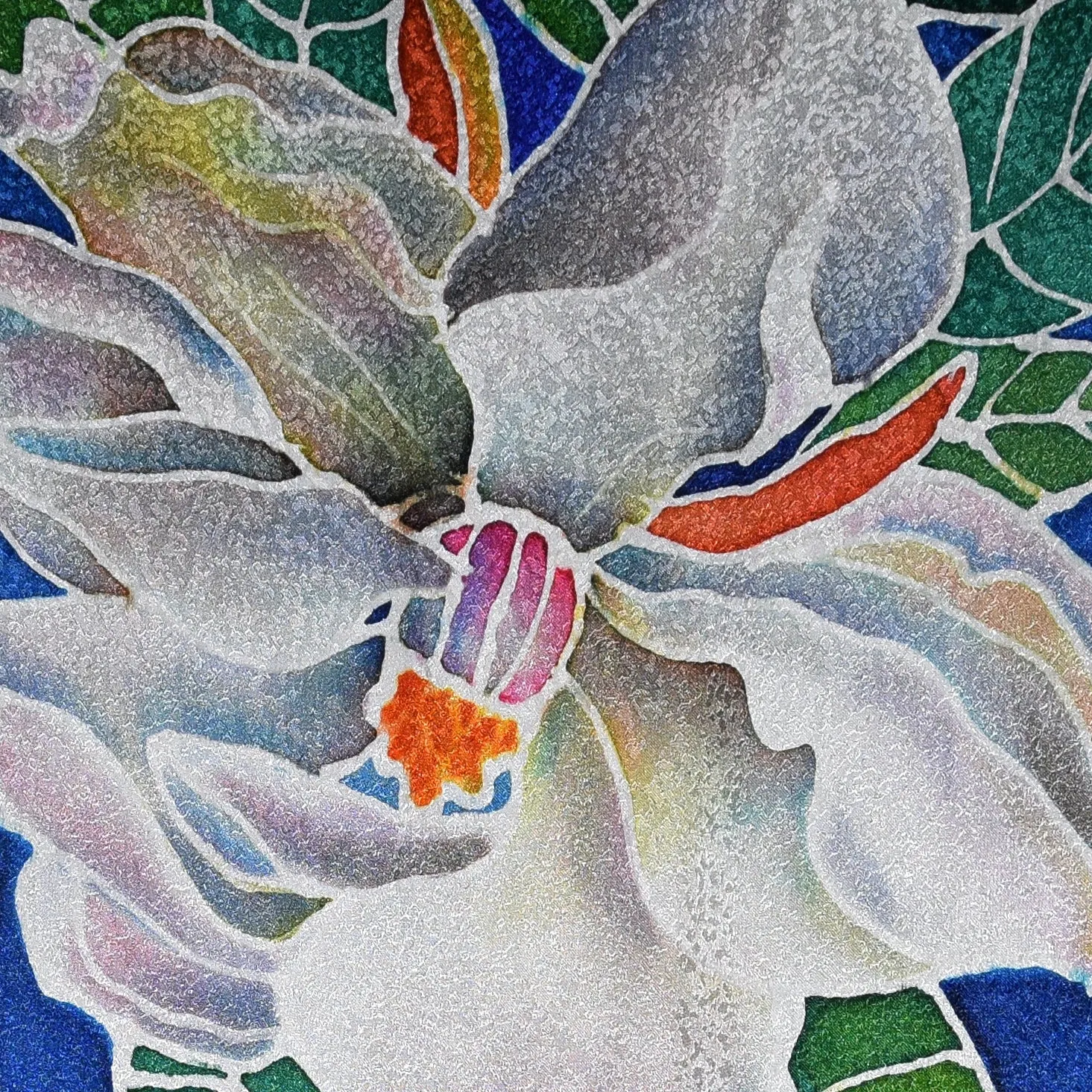 Handpainted Magnolia on Blue Jacquard Silk Scarf