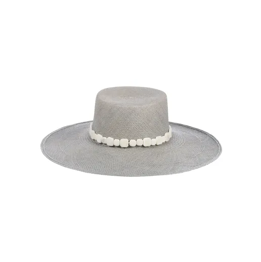 KYOTO WIDE BRIM STRAW HAT WITH TAGUA BEADS - GREY