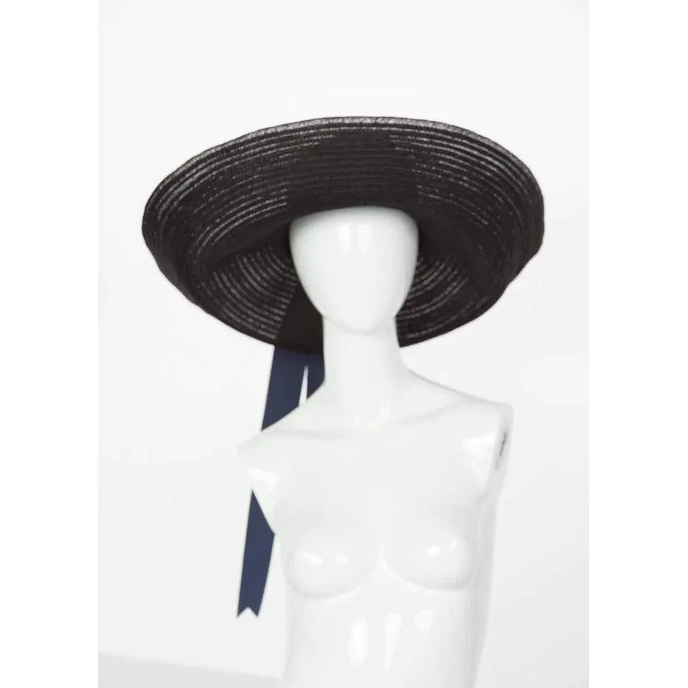 LANVIN ALBER ELBAZ Black Sun Hat Navy Ribbon Band, 2006