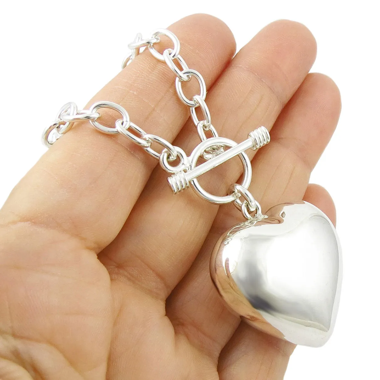 Long Sterling Silver Puffy Love Heart Necklace