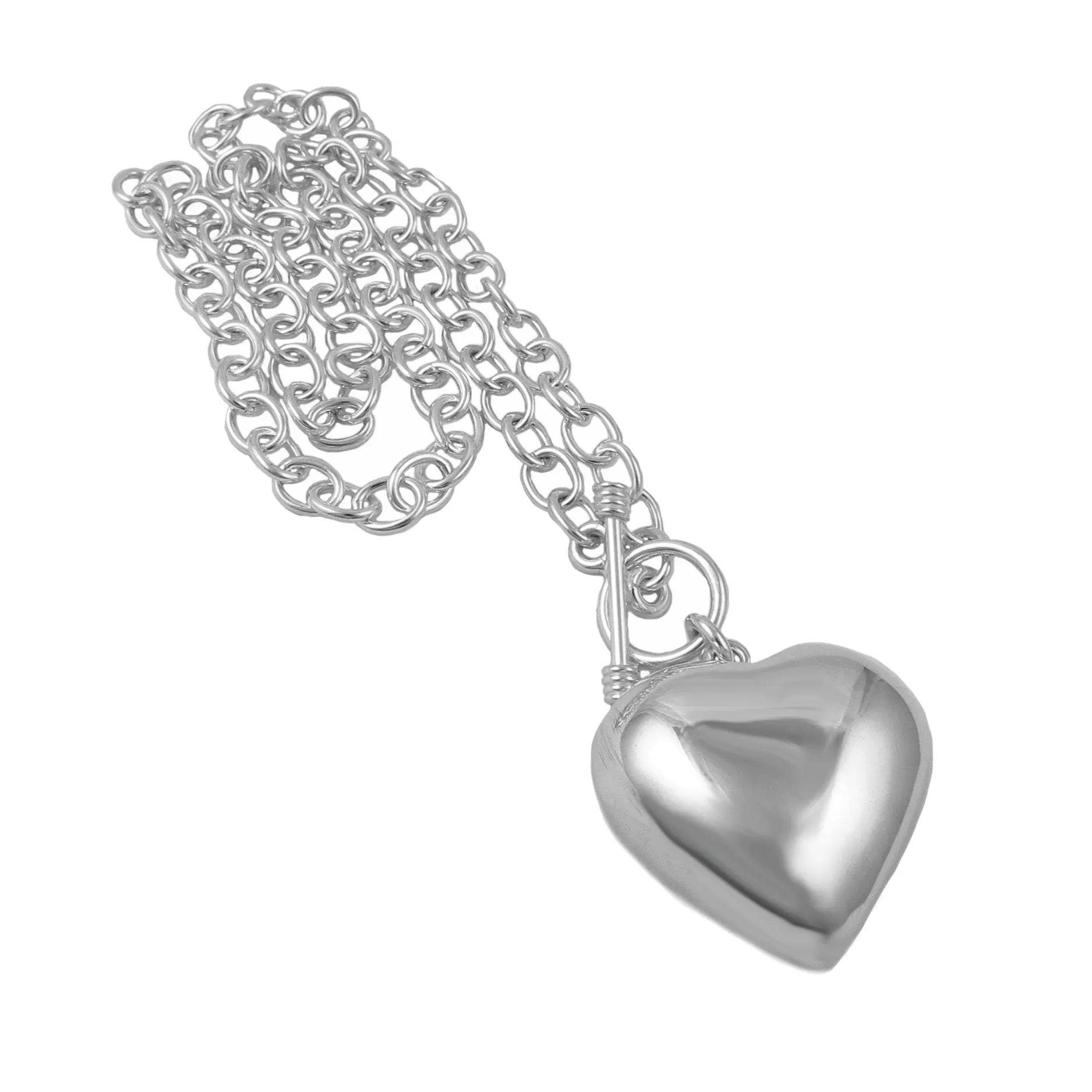 Long Sterling Silver Puffy Love Heart Necklace