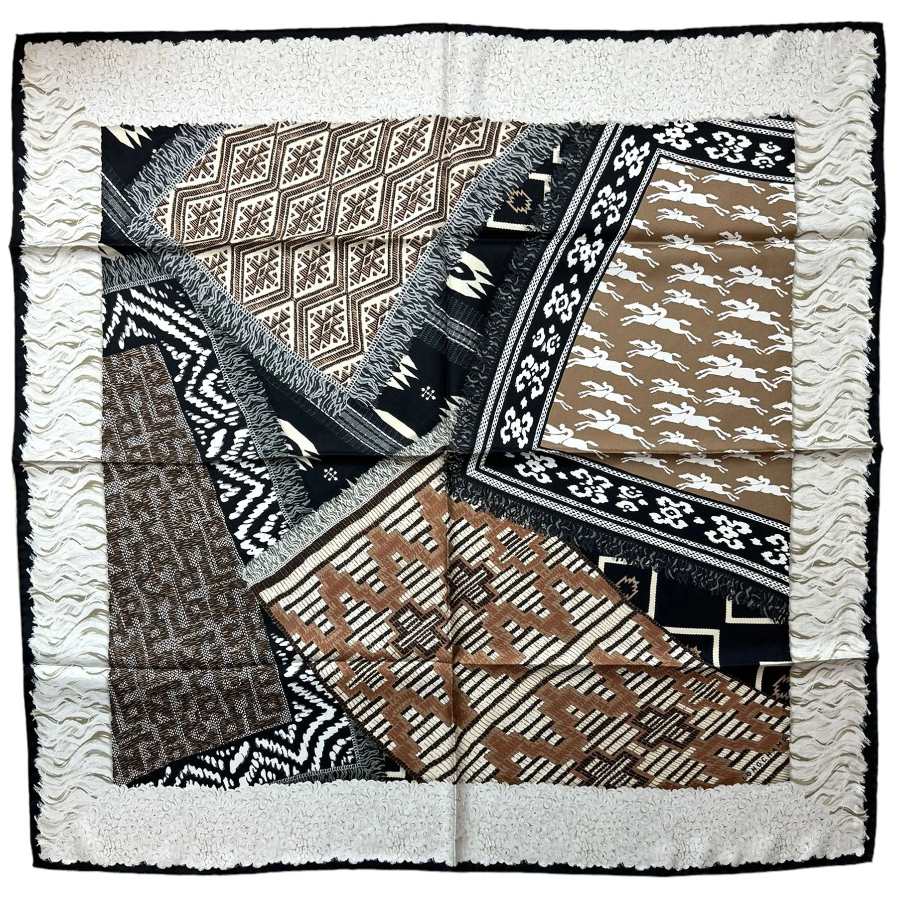 Longchamp Silk Scarf Black White Brown Multi Design - Square Foulard