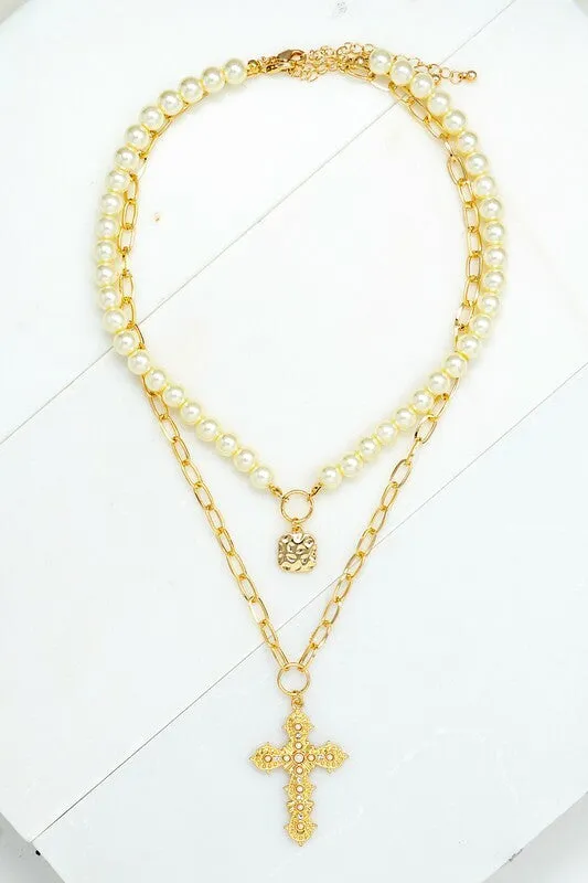 Maury Gold Two Strand with Pearl and Cross Pendant Necklace