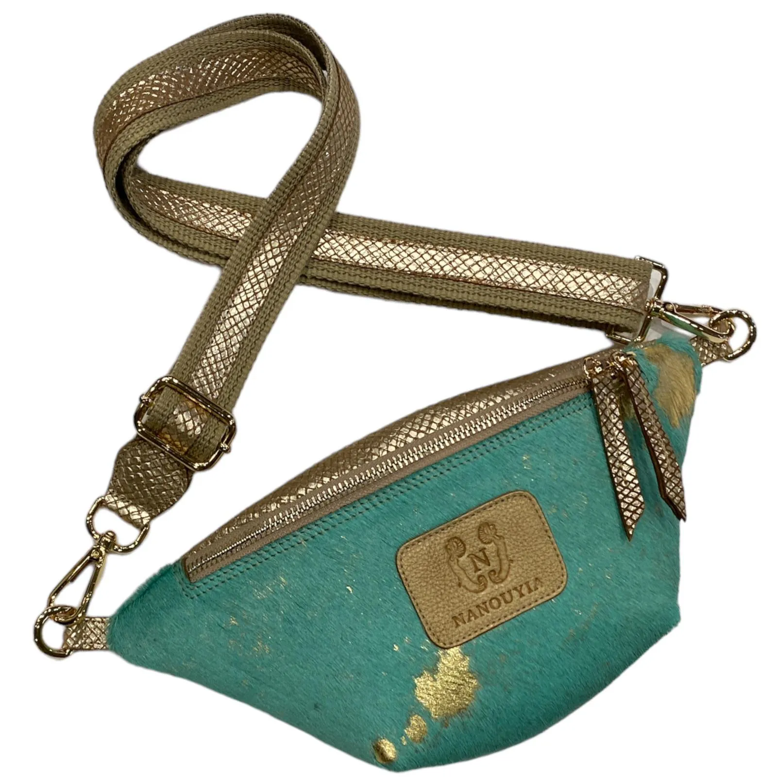 Mini turquoise and gold vintage calf-hair leather belt bag