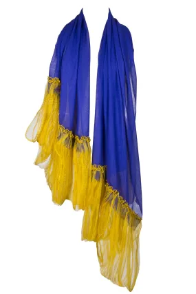 Navy and Ochre Frills Silk Cashmere Scarf