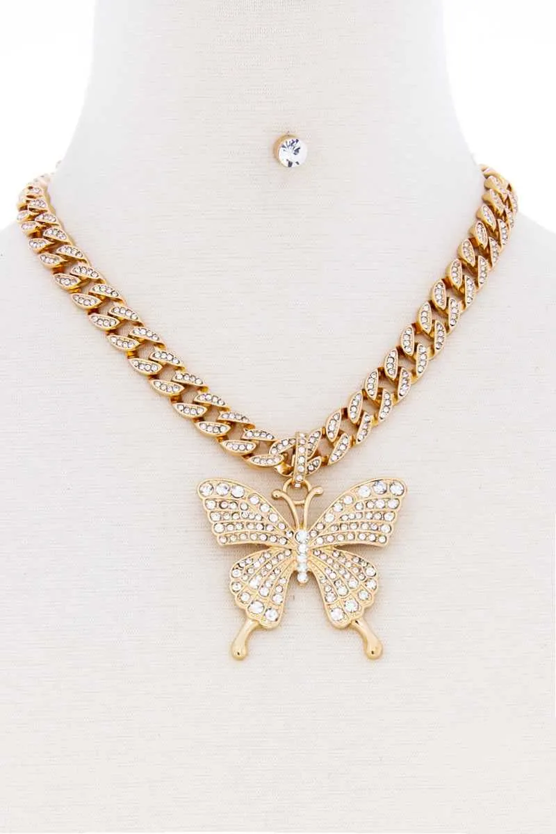 Rhinestone Butterfly Chunky Chain Necklace With Earring Set