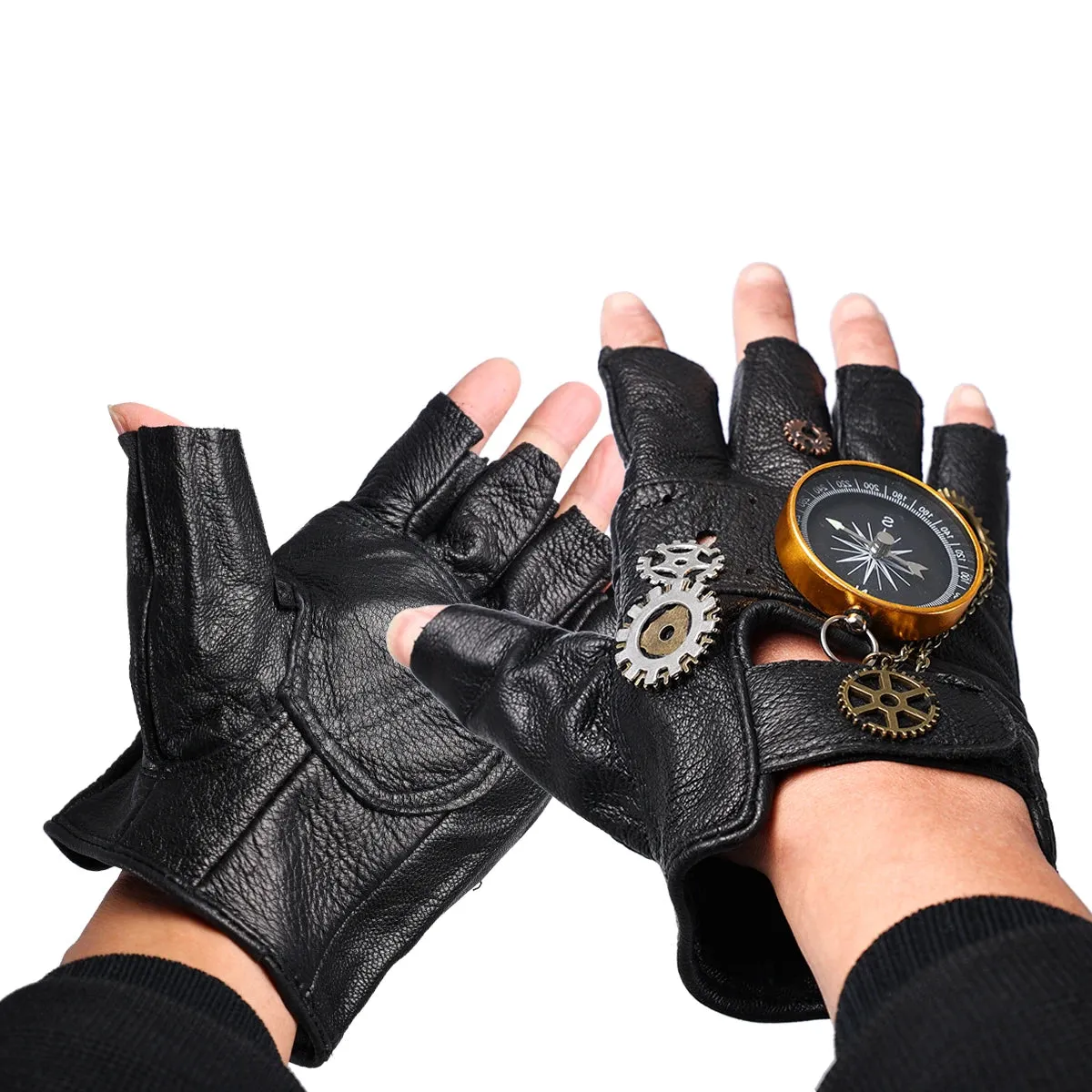 Steampunk PU Leather Fingerless Compass Gloves