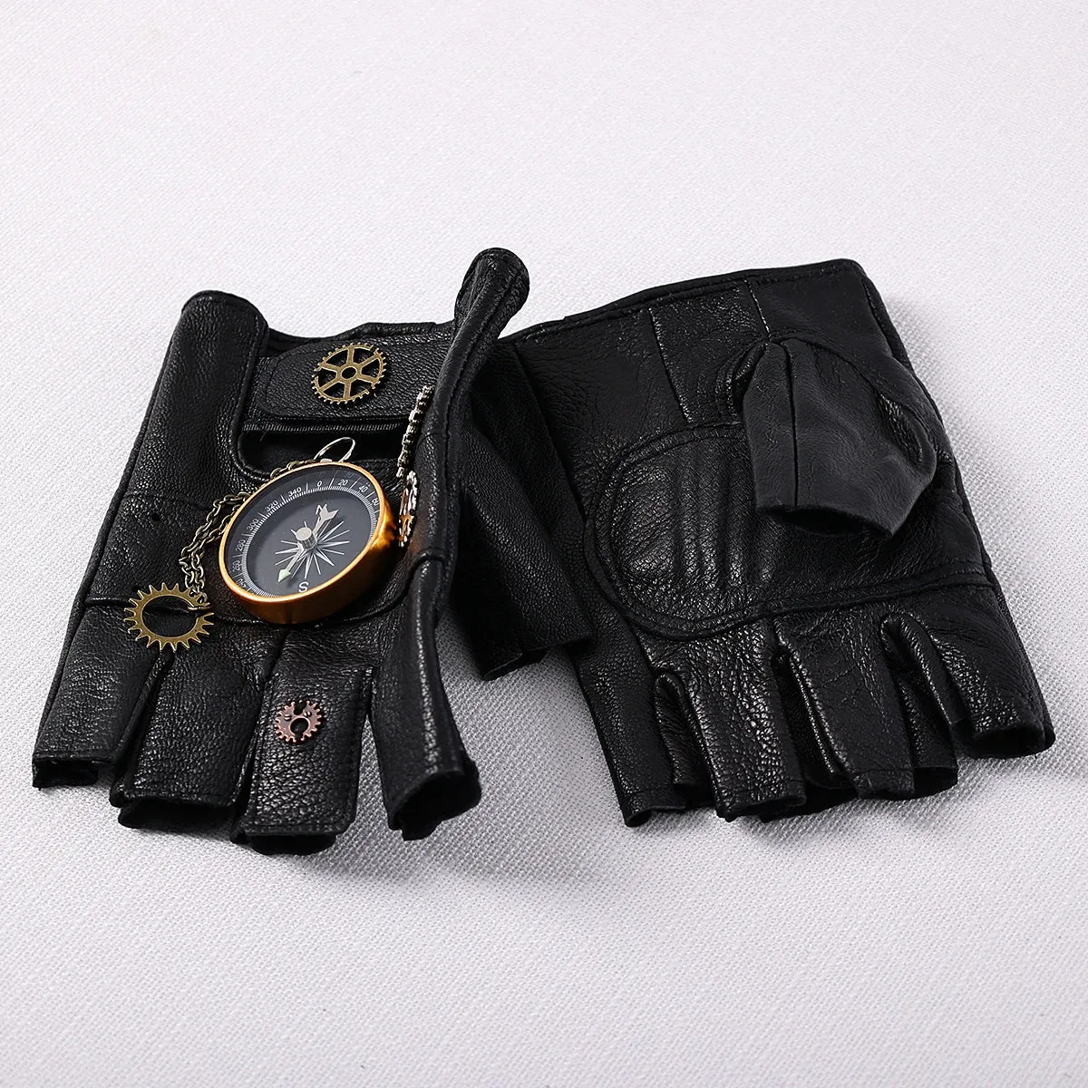 Steampunk PU Leather Fingerless Compass Gloves