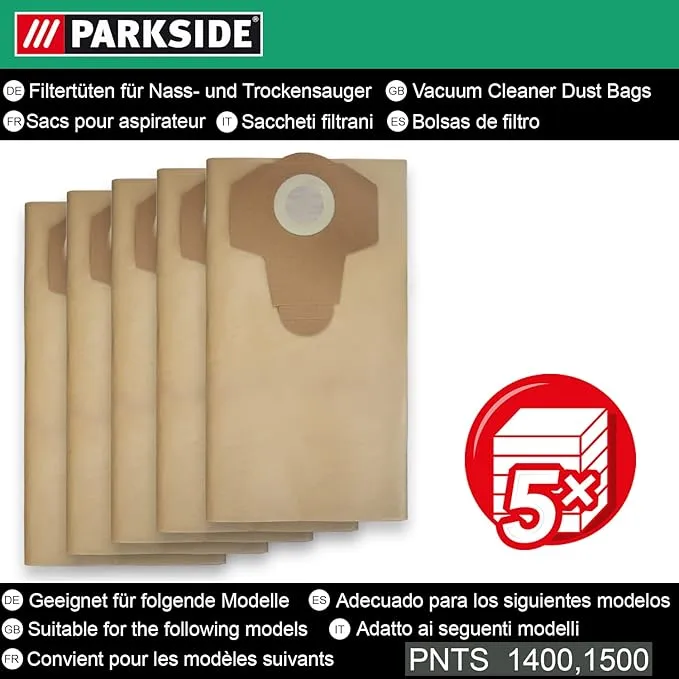 Vacuum Cleaner Bags Set of 5 for Parkside Lidl Wet Dry Vacuum Cleaner PNTS 1400, 1500 A1, B1, B2, B3, C1, C3, D1, E2 | 30L Wet & Dry Series Vacuum Cleaner 5