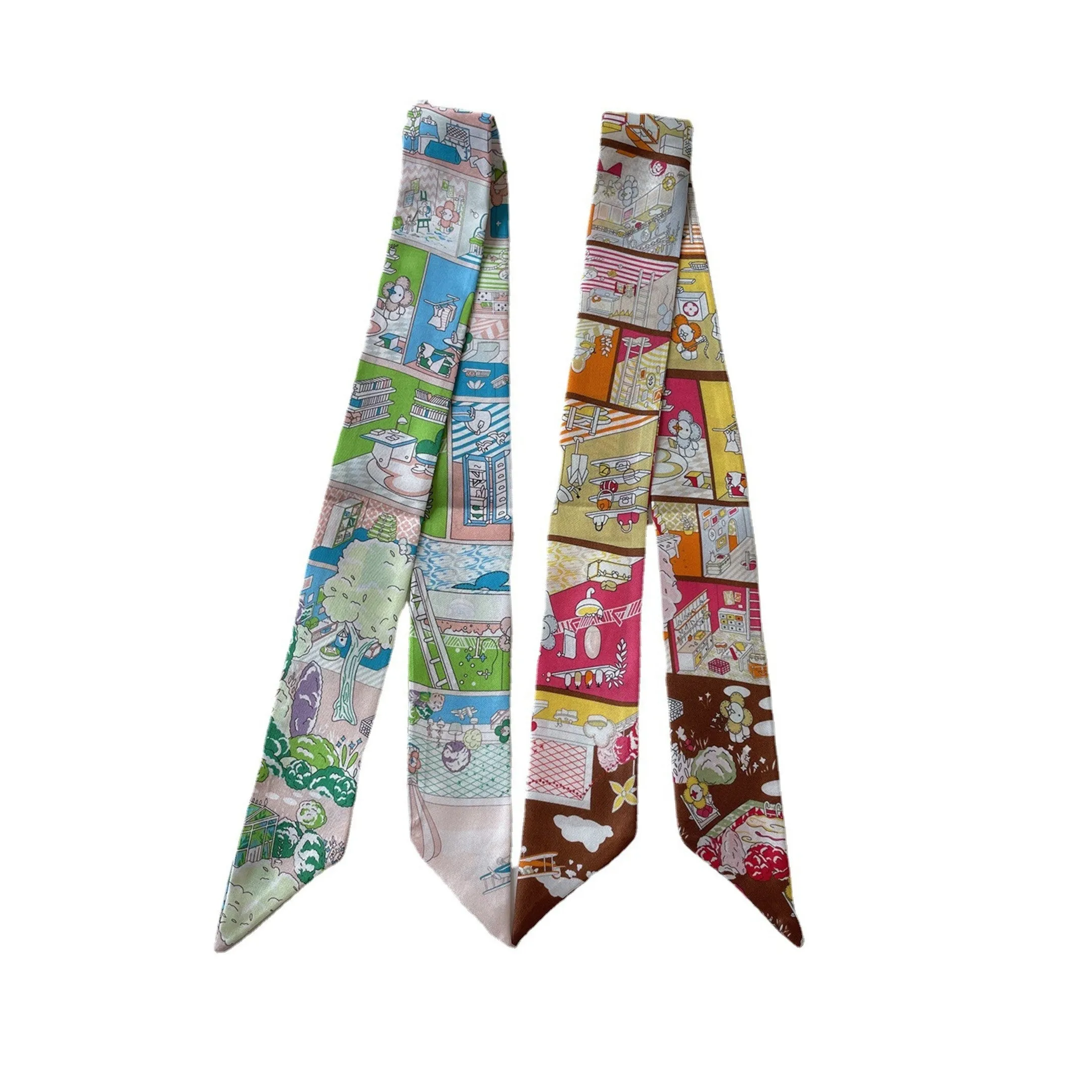 Whimsical World Silk Twilly Scarf Pure Mulberry Silk Skinny Scarf