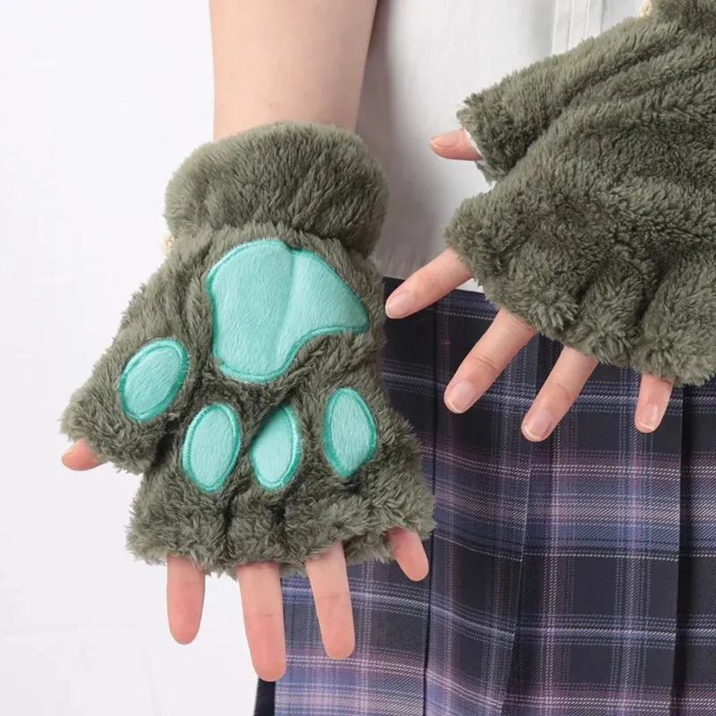 Women's Adorable Cat Paw Plush Mittens – Cozy, Soft, Fingerless Fluffy Gloves