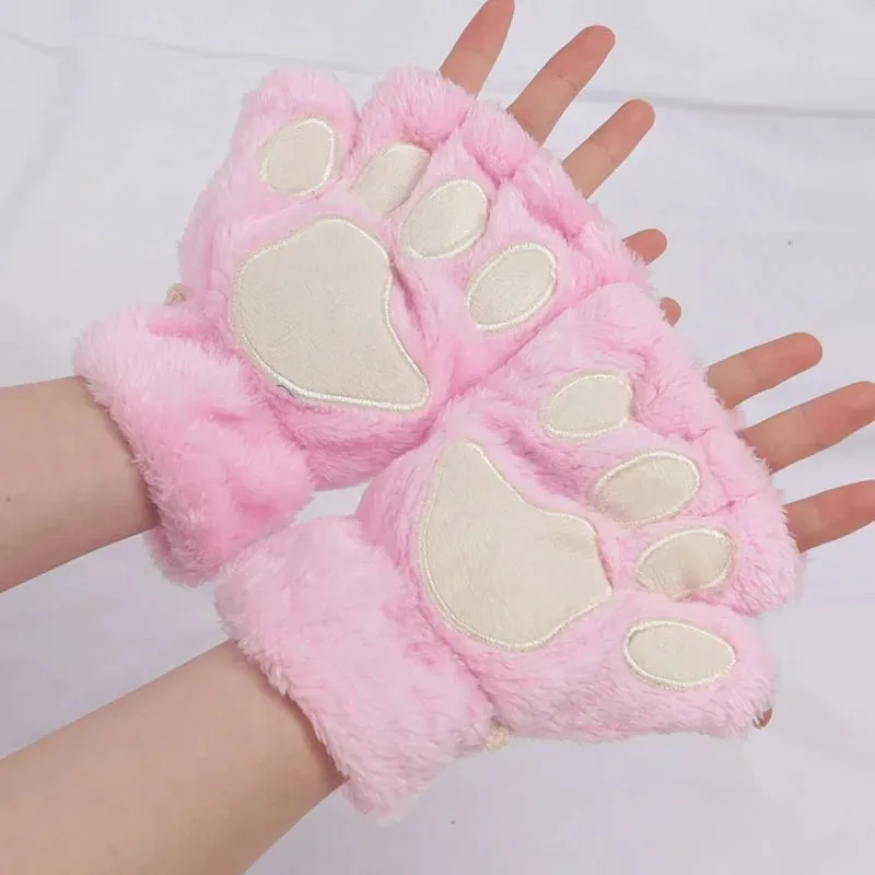 Women's Adorable Cat Paw Plush Mittens – Cozy, Soft, Fingerless Fluffy Gloves