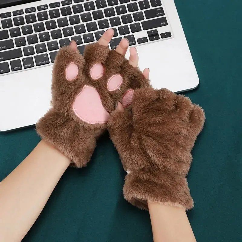 Women's Adorable Cat Paw Plush Mittens – Cozy, Soft, Fingerless Fluffy Gloves