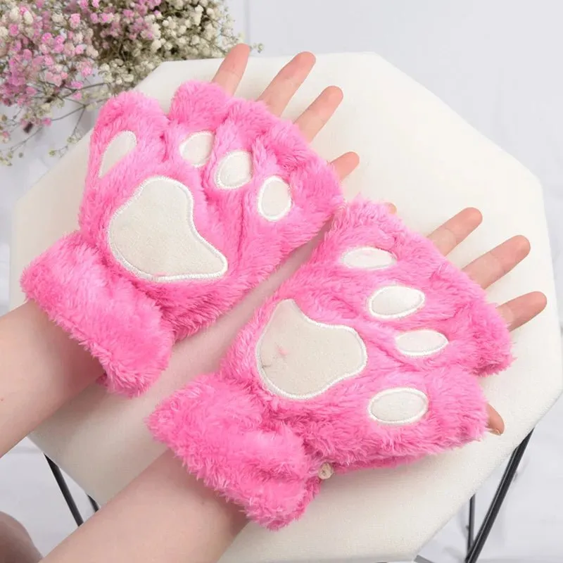 Women's Adorable Cat Paw Plush Mittens – Cozy, Soft, Fingerless Fluffy Gloves