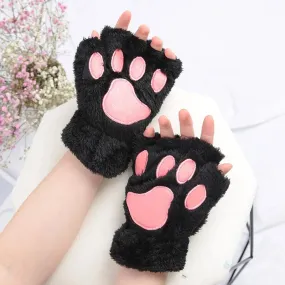 Women's Adorable Cat Paw Plush Mittens – Cozy, Soft, Fingerless Fluffy Gloves