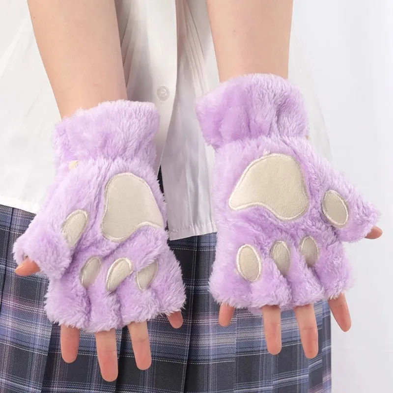 Women's Adorable Cat Paw Plush Mittens – Cozy, Soft, Fingerless Fluffy Gloves