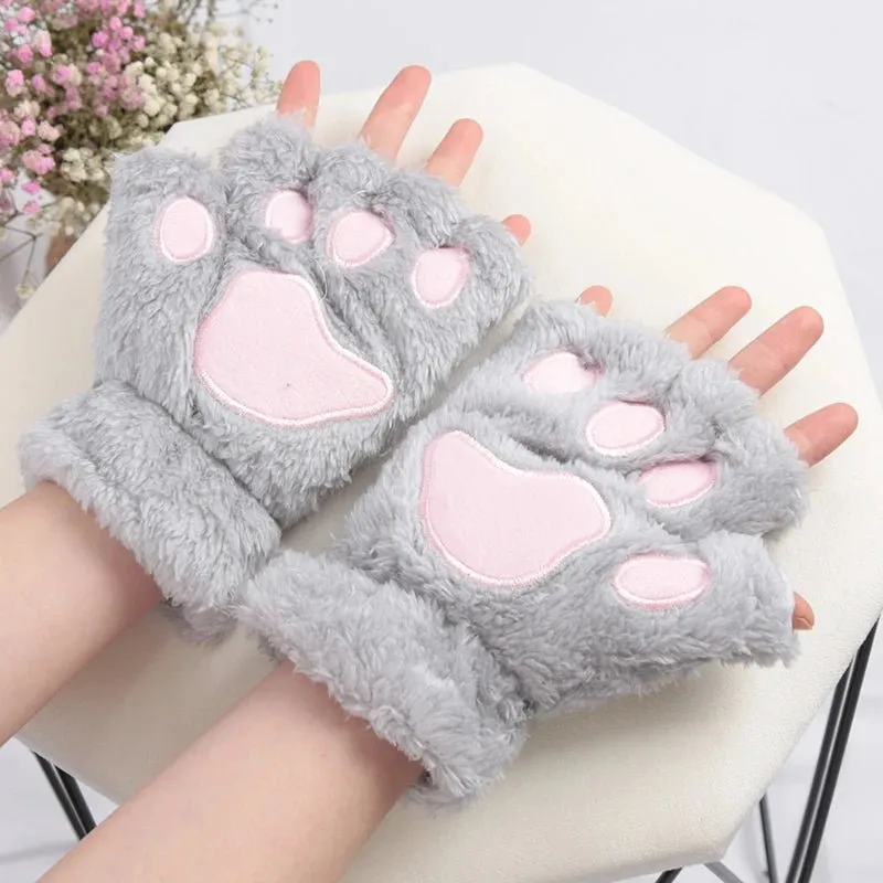 Women's Adorable Cat Paw Plush Mittens – Cozy, Soft, Fingerless Fluffy Gloves