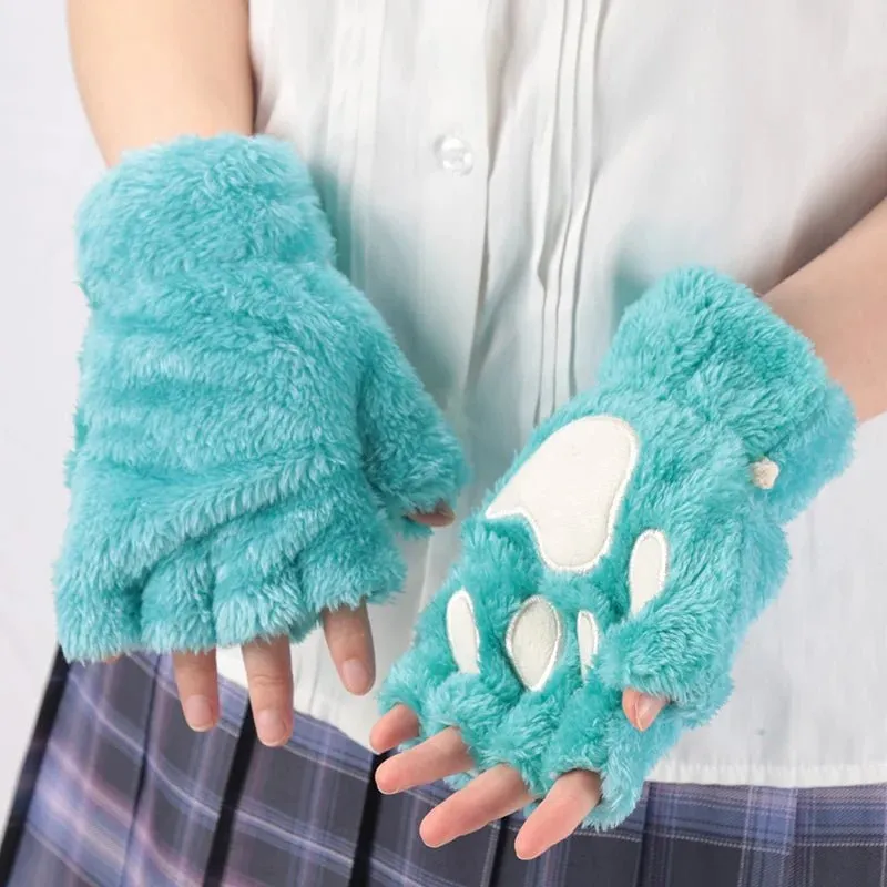 Women's Adorable Cat Paw Plush Mittens – Cozy, Soft, Fingerless Fluffy Gloves