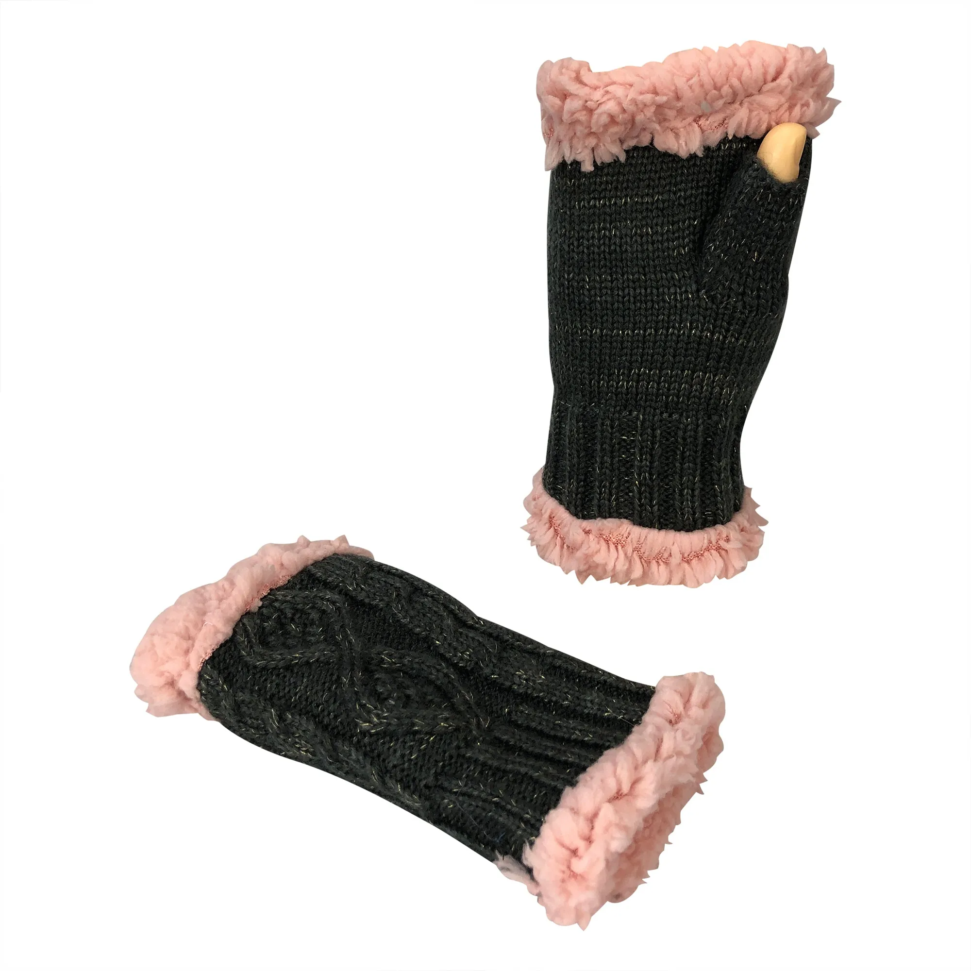 Women's Classic Cable Knitted Hand Warmer Gloves with Sherpa Fur Lining